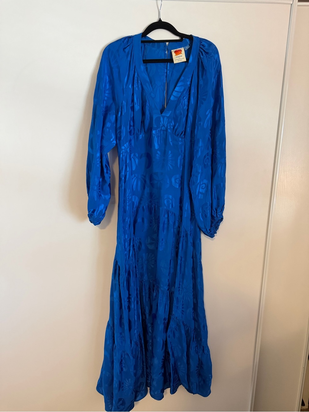 FARM Rio Blue Jacquard Maxi Dress V-Neck Long Sleeve Size Medium - Picture 3 of 6